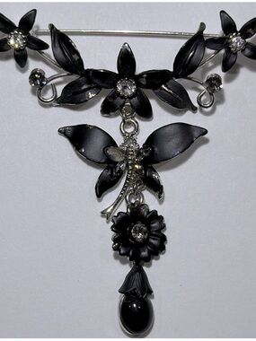 1980s Black & Silver With Rhinestone Flower & Butterfly Brooch